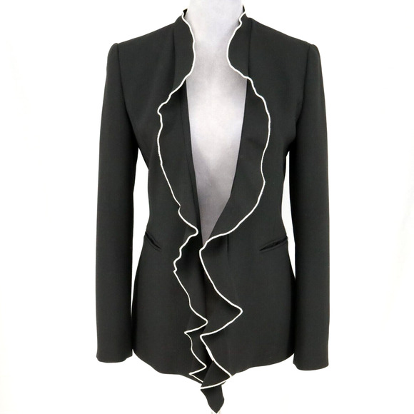 Zara Jackets & Blazers - Zara Basic Jacket Womens Small Black White Trim Ruffle Front Lined Open Pockets